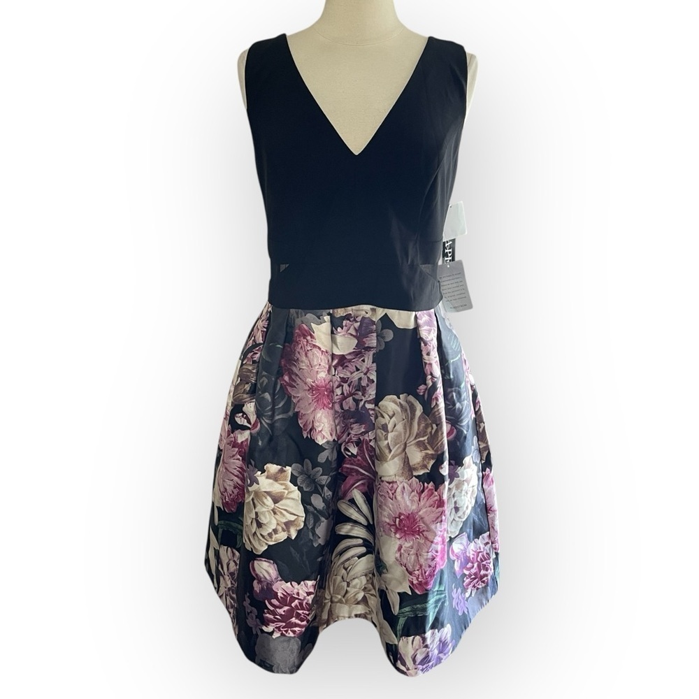 NWT Xscape Black & Pink Floral Fit-and-Flare Dress - Picture 3 of 10